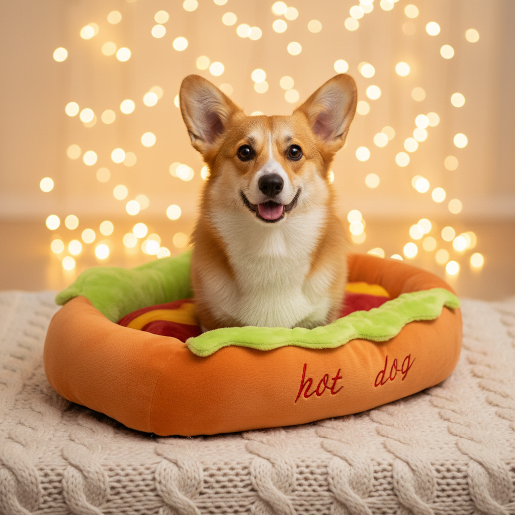Corgi in Hot Dog Bed