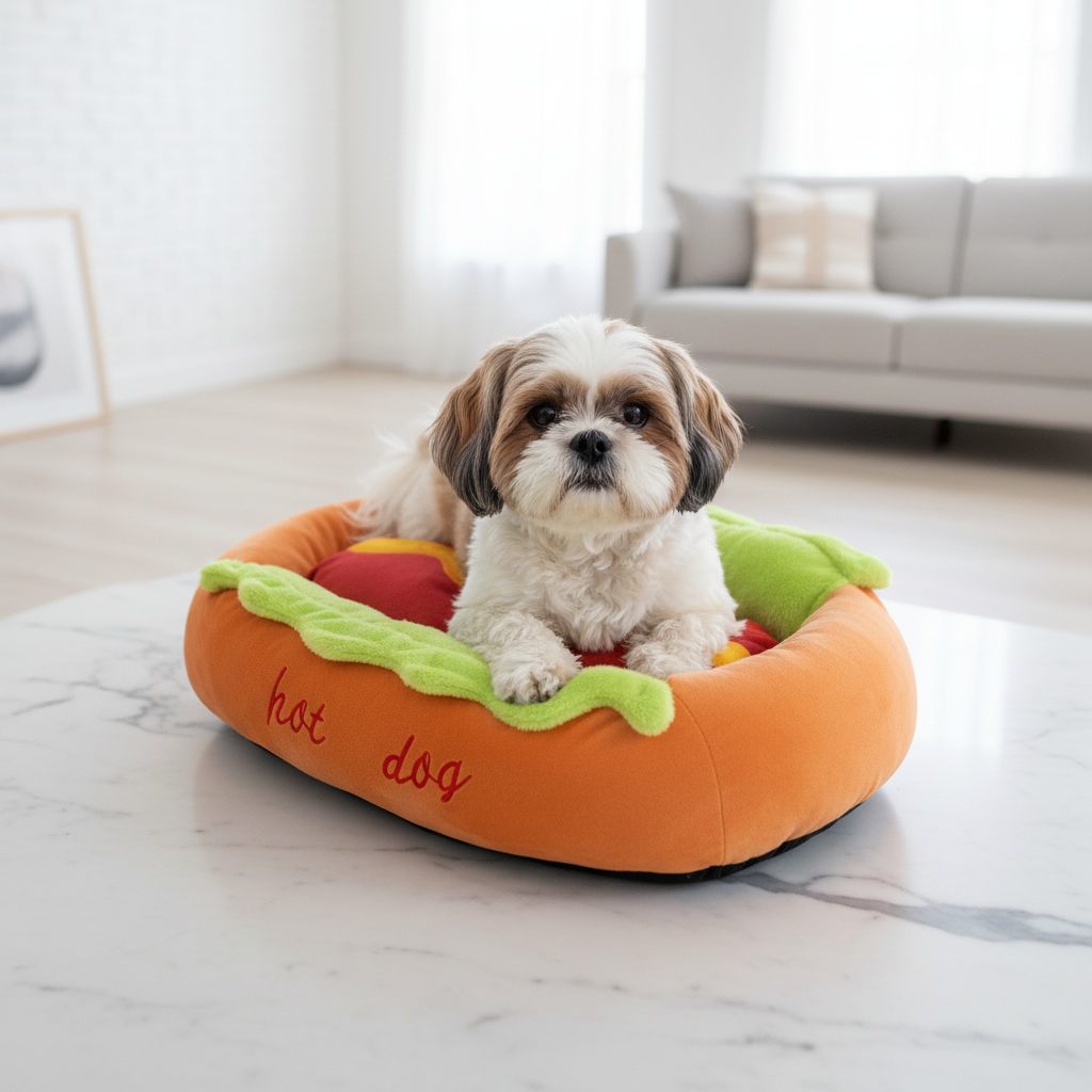 Shih Tzu in Hot Dog Bed